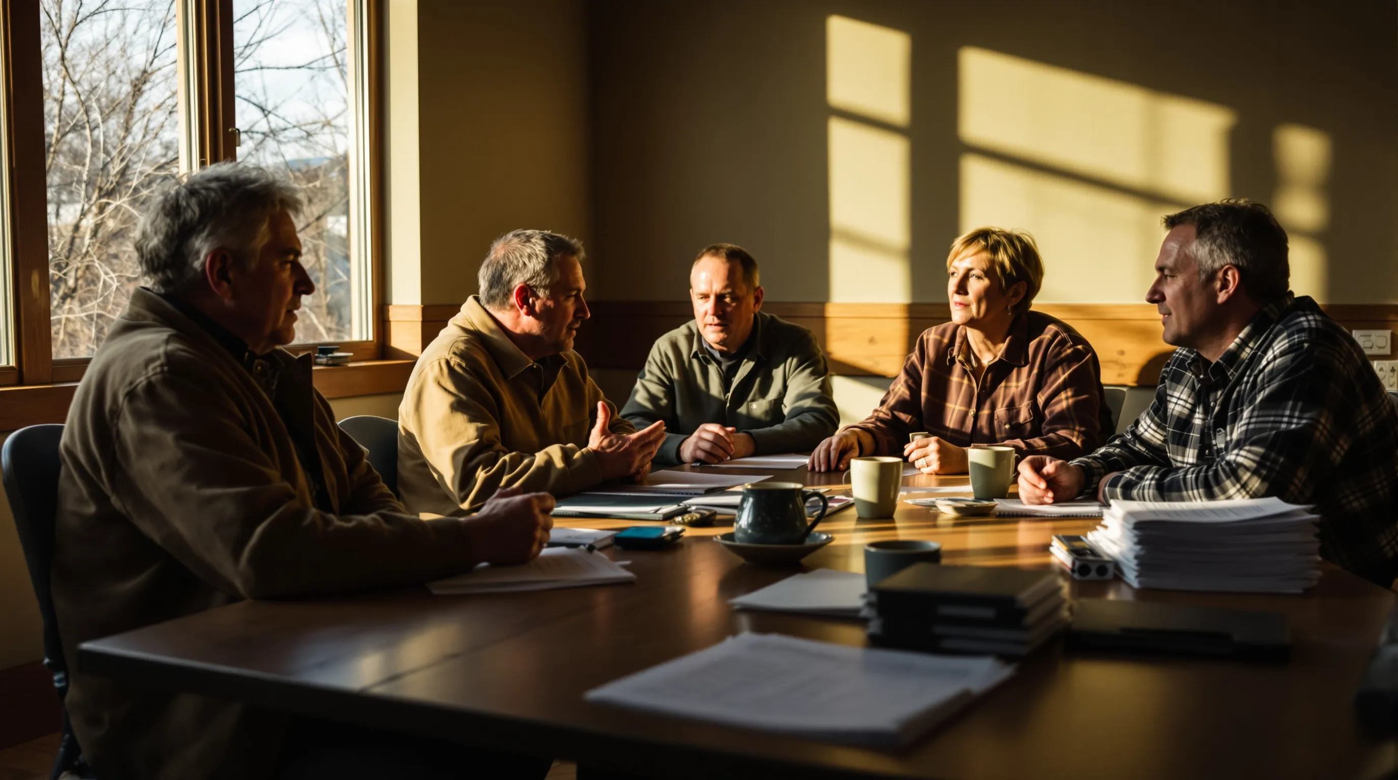 Documentary photograph — five adults around a long wood table in a Colorado community-center conference room, mid-conversation, warm late-afternoon window light raking across the room. Real working clothes, real ceramic mugs and stacks of paper. Documentary scale, never staged.