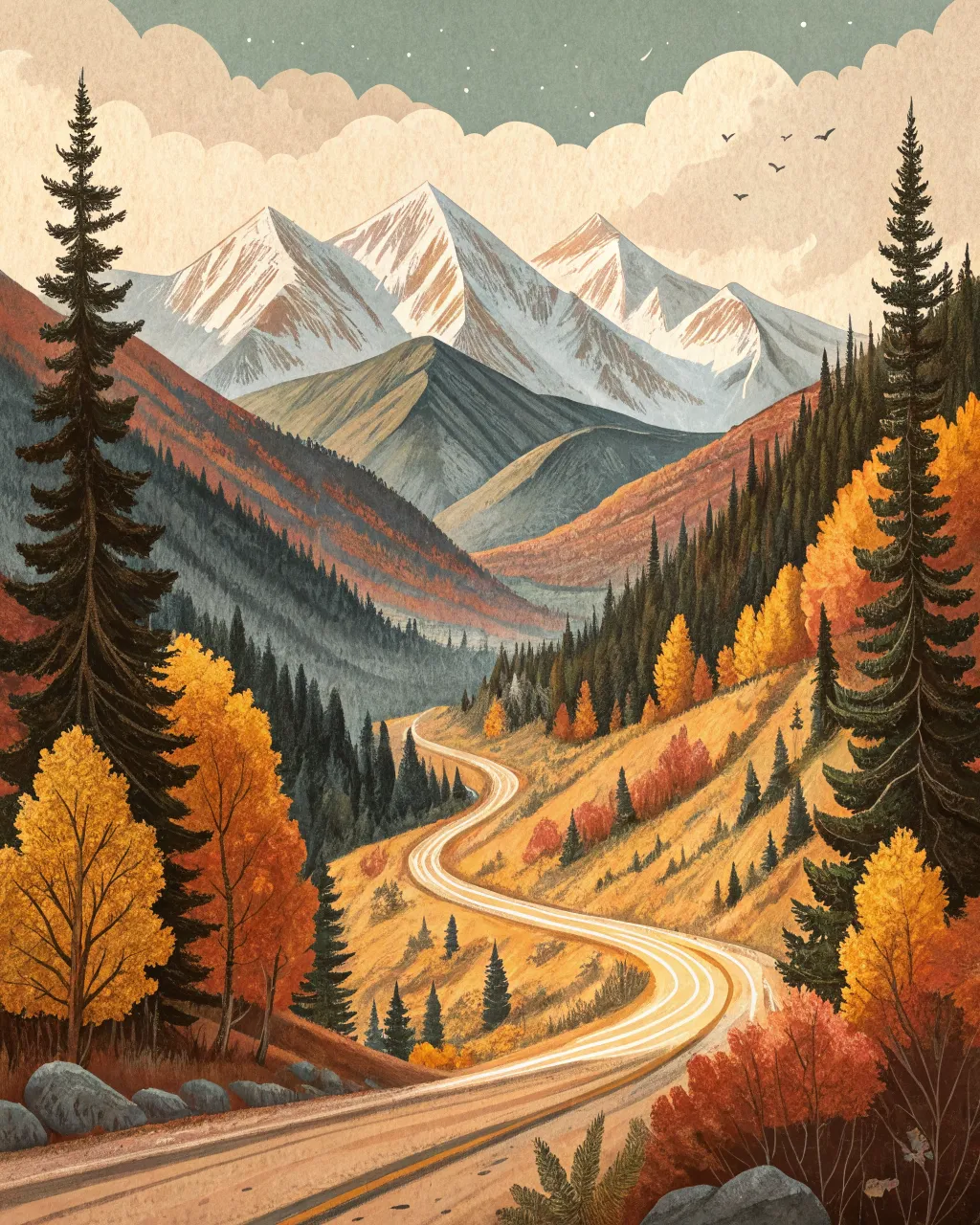 Editorial-poster watercolor of a Colorado mountain pass with a winding amber road through autumn aspen and pine forest, snow-capped peaks above. Bold geometric mountain shapes, hand-drawn line edges, brand palette throughout. The kit v2 page 07 left panel 'Organic, watercolor view' style.