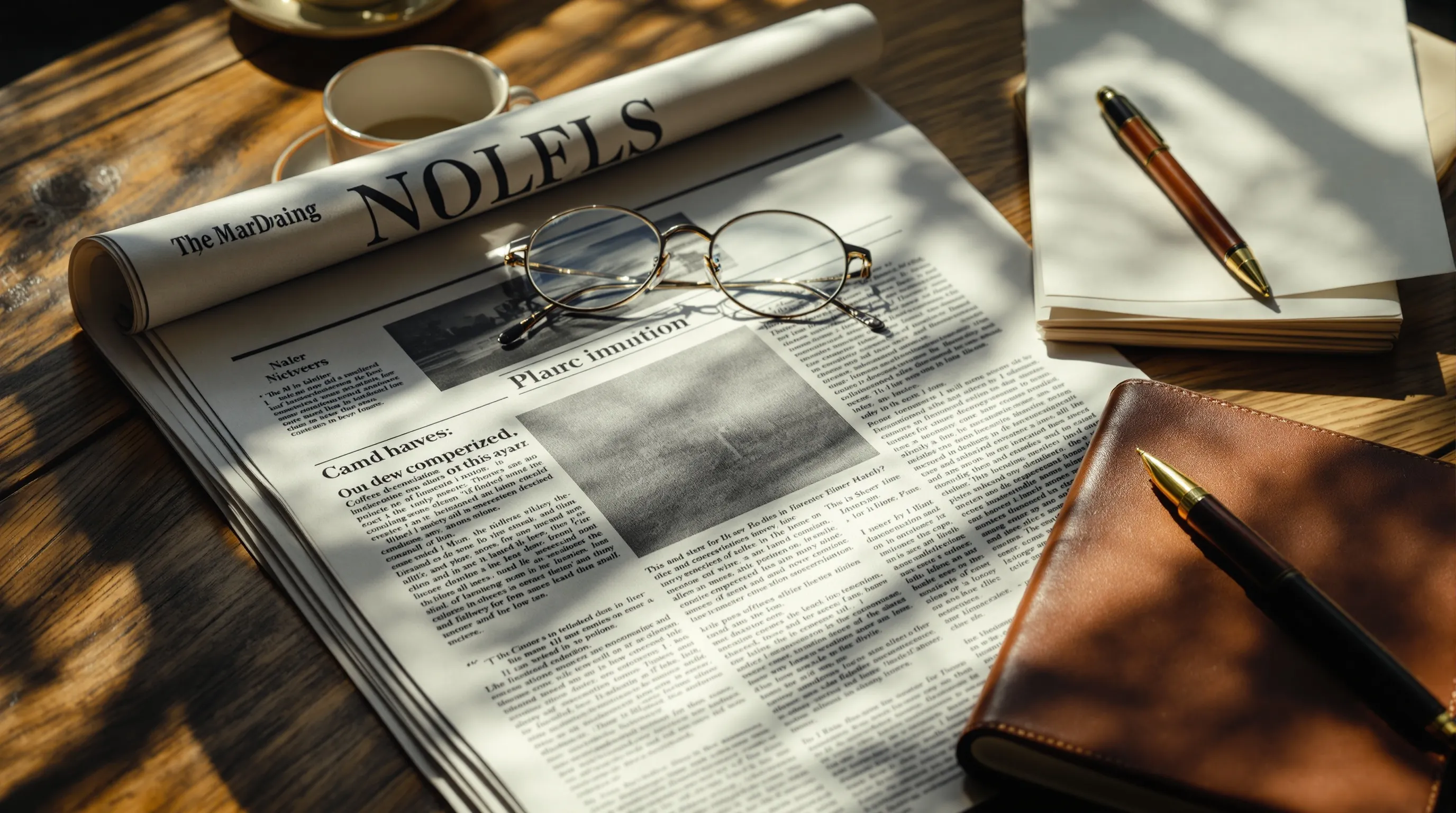 Documentary still-life — a folded broadsheet newspaper on a wood reading table, front page visible but text abstract; reading glasses askew on top, empty ceramic coffee mug, a notebook and pen. Late afternoon golden window light. No people.