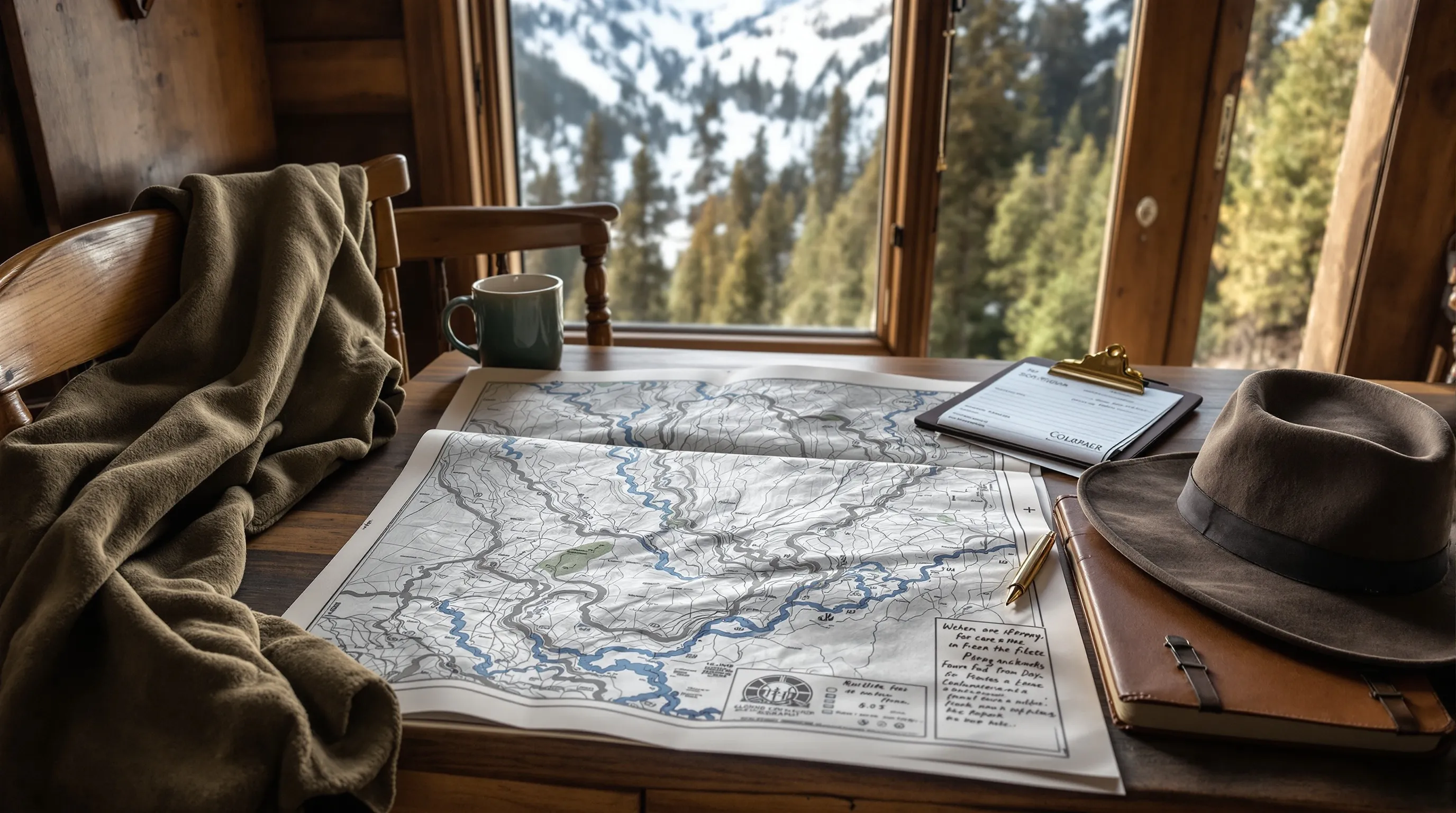 Documentary still-life — a wood desk with a topographic survey map of a Colorado mountain valley weighted by a coffee mug and a clipboard, a weathered fleece on a chair back, a brimmed hat on the seat, a brass compass beside the map; through the window a soft glimpse of a snow-dusted ridge. Late afternoon golden light. No people.