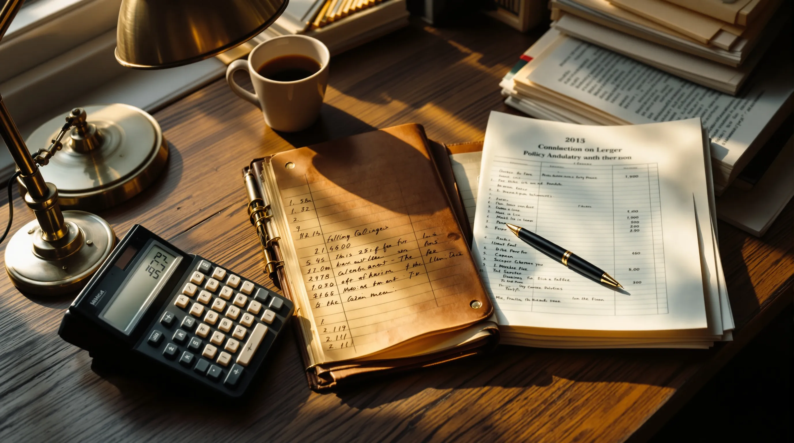 Documentary still-life — a desk after policy-financing work: leather-bound ledger half-open with handwritten columns, vintage calculator, fountain pen on typed pages, ceramic coffee cup with ring stain. Late afternoon golden light. No people.