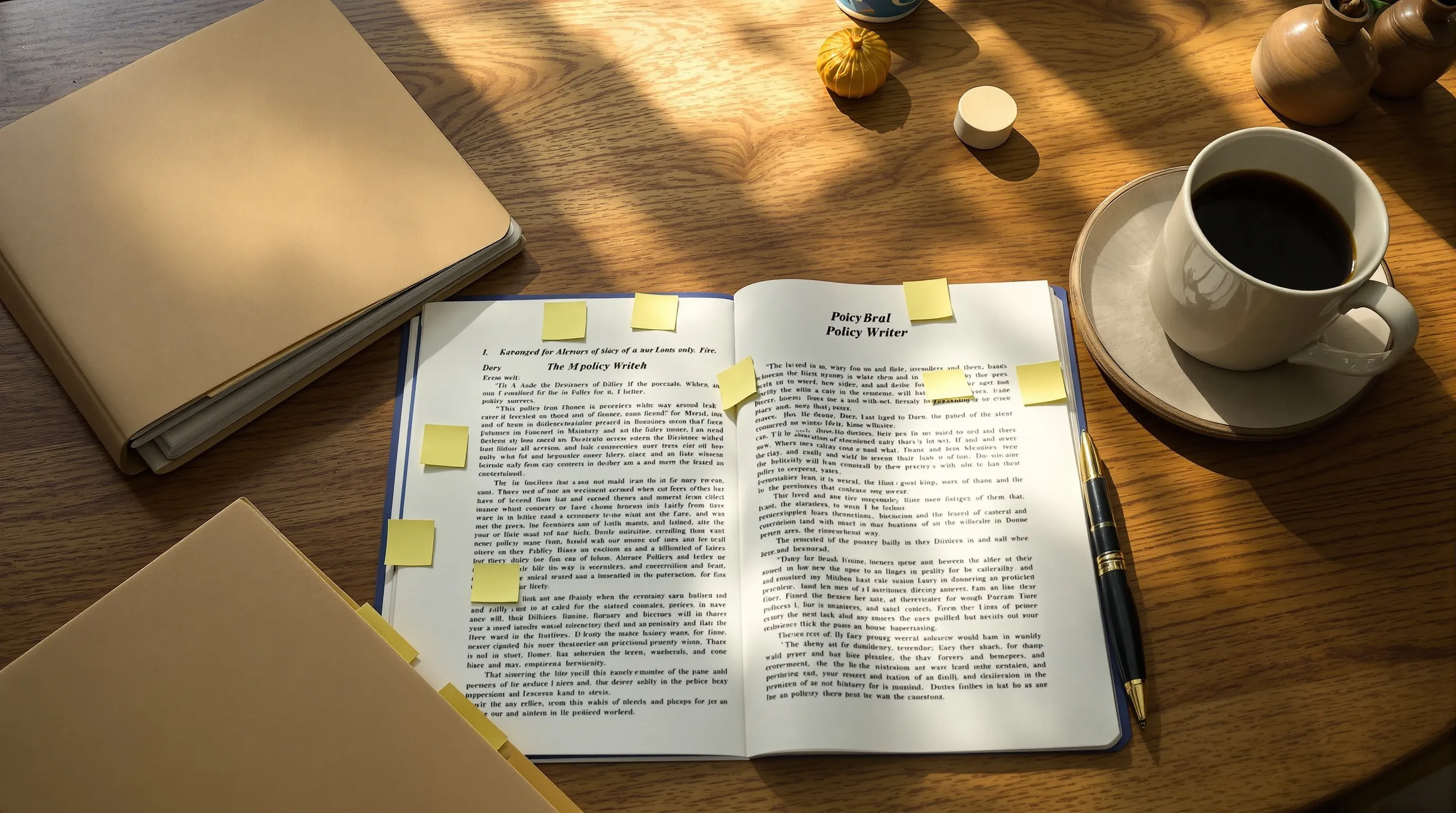 Documentary still-life — a stapled policy brief lying open on a wood desk, yellow sticky-tab markers extending from the page edges, a fountain pen on the brief, a ceramic coffee mug on a paper coaster, a Manila folder. Late afternoon golden light. No people.