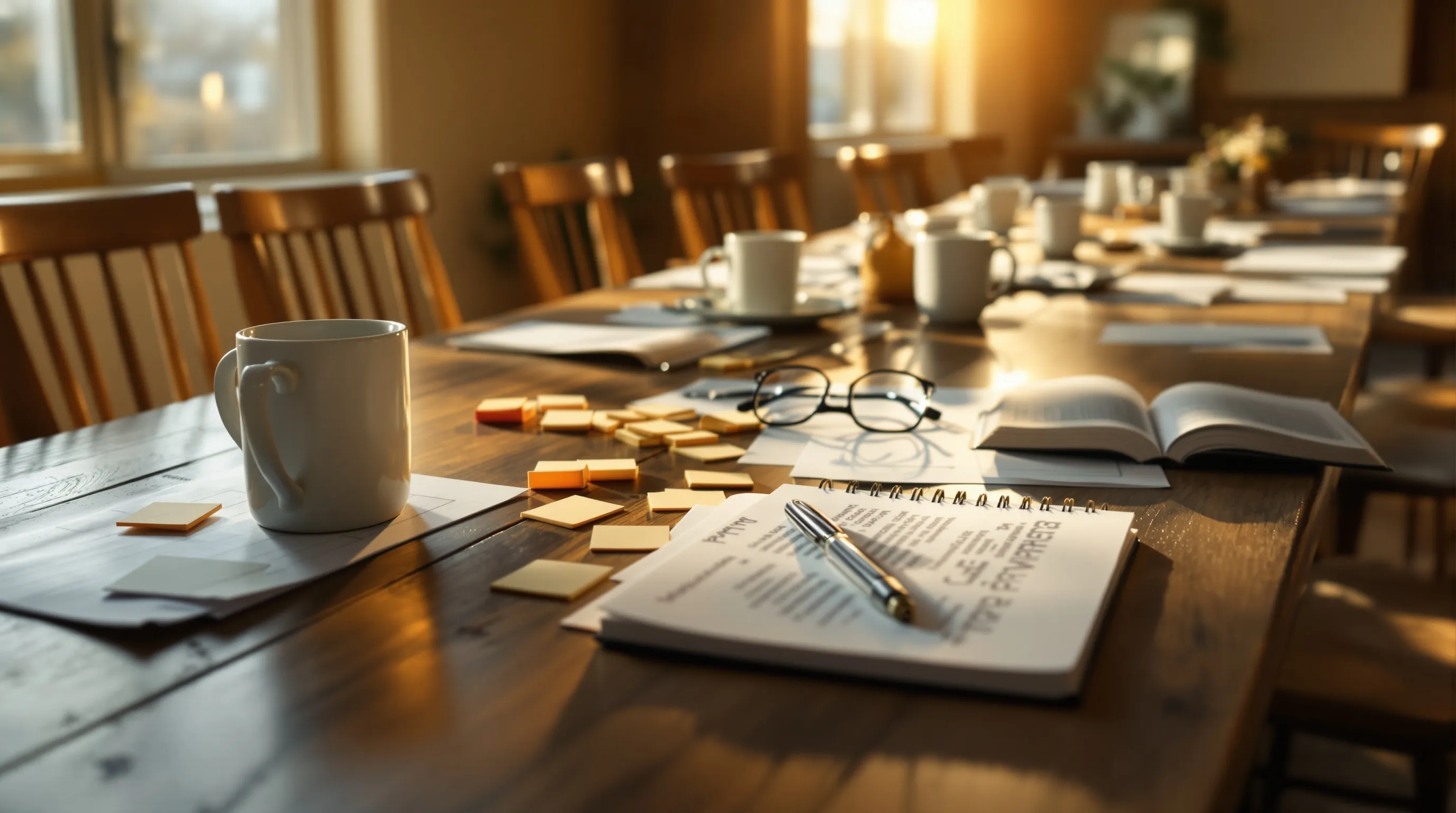 Documentary still-life — a long wood meeting table after a working session, several ceramic coffee mugs partially full, paper agendas scattered, sticky notes, two pairs of reading glasses, multiple wood chairs pushed back at angles around the table. Late afternoon golden window light, after-hours mood. No people.
