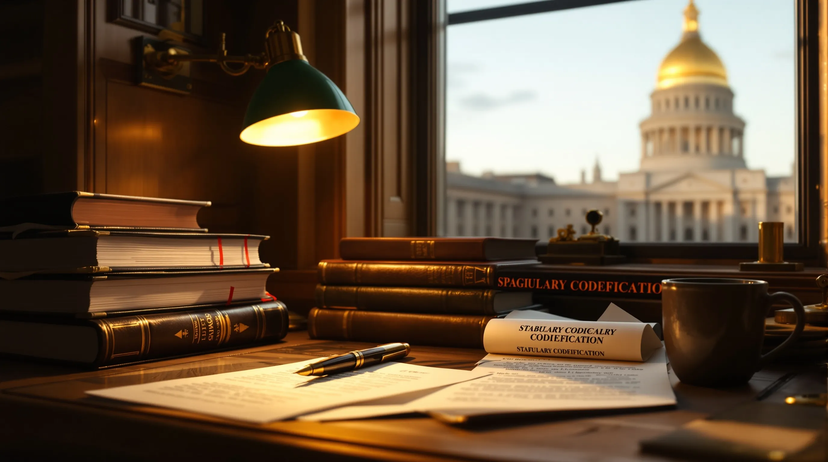 Documentary still-life — a wood legislative-office desk: brass desk lamp casting a warm pool, stack of leather-bound bills with red ribbon markers, vintage brass pen, ceramic mug, an unfolded statutory codification volume; through the window a soft glimpse of a Colorado capitol-style gold dome at golden hour. No people.